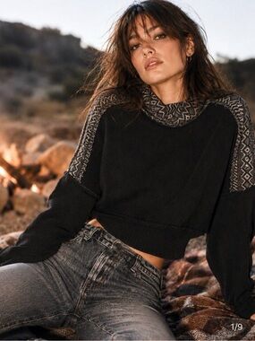 Free People “Back at the Lodge”Women's Black Cropped Sweater with Patterned Trim